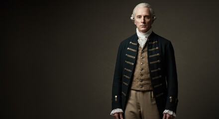 A man reenactor in a historical costume and wig. History education and reenactment concept. For educational content.