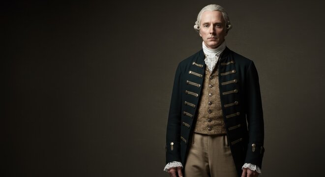 A man reenactor in a historical costume and wig. History education and reenactment concept. For educational content.