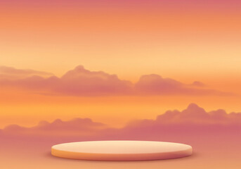 Beige cylindrical podium against a painted sunset sky with clouds. Dreamy stage offering a serene and artistic backdrop. Perfect for wellness or creative product displays.