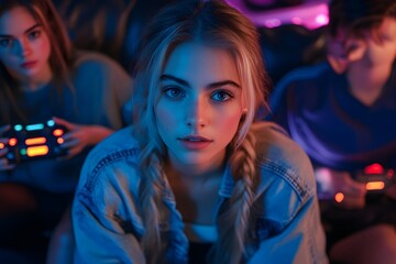 A captivating portrait of a young woman, immersed in the immersive digital gaming world with her friends, illuminated by vibrant neon light.