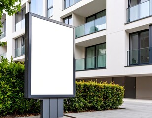 Blank billboard stands near modern building and green bushes on a sunny day