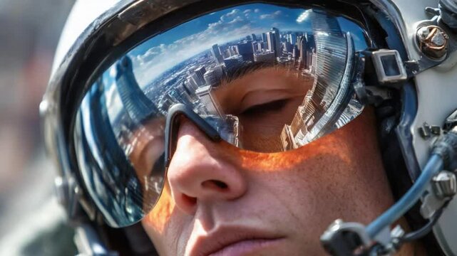Pilot's Visor Reflection: Close-up view of a pilot's face, partially obscured by his visor, which reflects a complex scene, hinting at the vastness and intensity of the skies above.