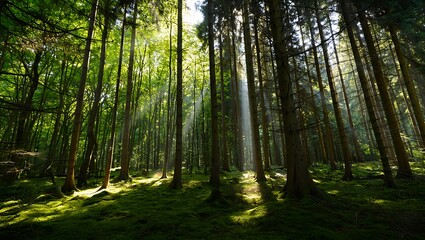 Obraz premium Sunlight streams through a lush green forest woodland landscape