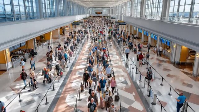 Airport Journey: A dynamic and vibrant photo captures a bustling airport terminal, where people embark on journeys of discovery and exploration, with a long queue for security check-in. 