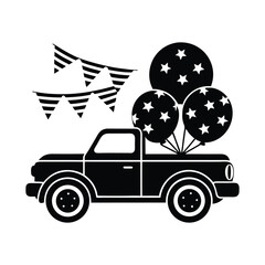 Vintage Pickup Truck with USA Flags And Patriotic Decor Silhouette Art