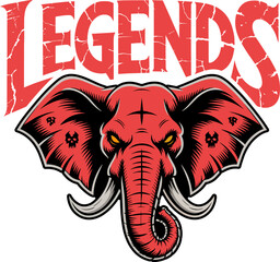 Illustration of Strength and Legacy: An intense illustration features a crimson elephant head with the bold word "LEGENDS" atop. conveying a feeling of enduring legacy, leadership and strength. 