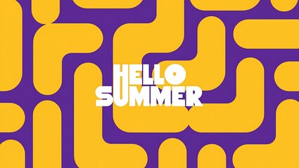 Modern and bright hello summer text on geometric yellow and purple background pattern