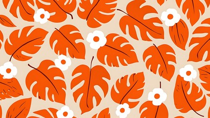 Vibrant orange monstera leaf and white flower seamless pattern on a neutral beige background