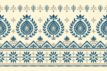 Ikat pattern with traditional ethnic blue and beige motifs in horizontal layout, perfect for bohemian fabric, fashion prints, tribal backgrounds, home textiles, and cultural-inspired designs.