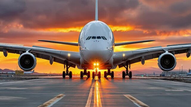 Majestic Ascent: An Airbus A380 dominates the frame, poised on the runway against a breathtaking sunset backdrop, suggesting travel and adventure. 