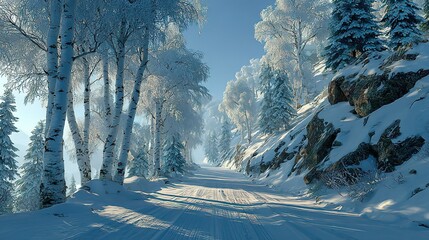 Snow-covered birch forest path under pale winter sun, blue shadows on pristine powder, minimalist Nordic scene for ski resort ads, winter fashion lookbooks, and holiday cards.