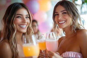 Two attractive young women joyfully clink glasses of refreshing pink and orange cocktails at a vibrant party, exuding happiness and friendship. 