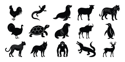 Obraz premium Vector Silhouettes of Diverse All Wild Animals, Birds, set and Reptiles on white background 