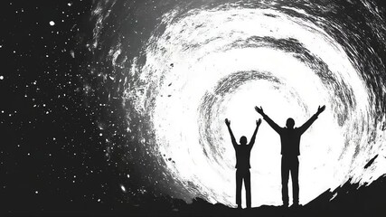 Silhouette figures with raised arms against spiral design