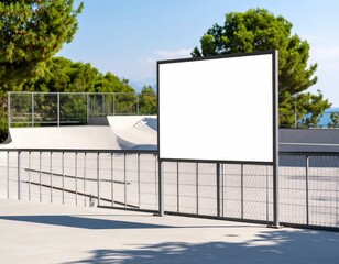 Blank billboard stands ready at a skatepark awaiting a vibrant advertisement under a clear sky