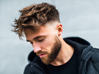 Fototapeta premium Young man with stylish tousled hair and beard, wearing a black jacket, gazes downward against a textured gray background, capturing a moment of introspection and modern fashion