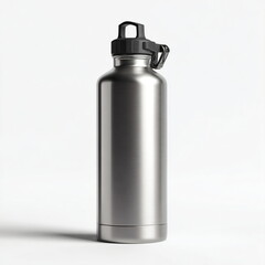 stainless steel reusable water bottle on white background, professional product shot