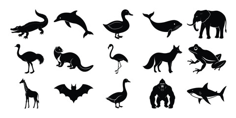 Fototapeta premium Silhouettes of Various Wild Animals and Birds in Vector Style set on white background 