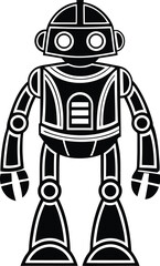 Toy robot silhouette, robot vector icon, mechanical toy design, simple android graphic, black robot illustration
