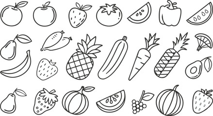 Fruit berry vegetable food line icon vector set.  minimalist vector illustration featuring a large collection of outlined fruits and vegetables.
