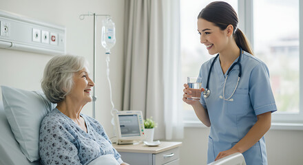 Fototapeta premium Caring Nurse Offers Water to Happy Senior Patient in Bright Hospital Room - Medical & Geriatric Care