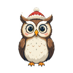 Fototapeta premium Adorable cartoon owl wearing a red Christmas hat with a pom-pom, showcasing festivity and charm 