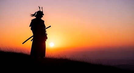 Lone Samurai Silhouette Against Vibrant Sunset – Heroic Warrior Art
