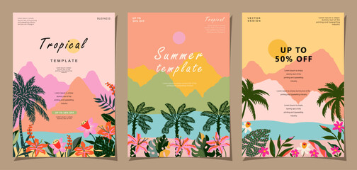 Colorful design templates with tropical flowers, leaves and palm trees. Summer sale story concept. Promotional banner for website, flyer, cover, poster. and background. Vector illustration.