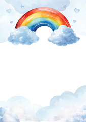 Watercolour Rainbow Clouds and Hearts Invitation Poster Background Illustration Art.