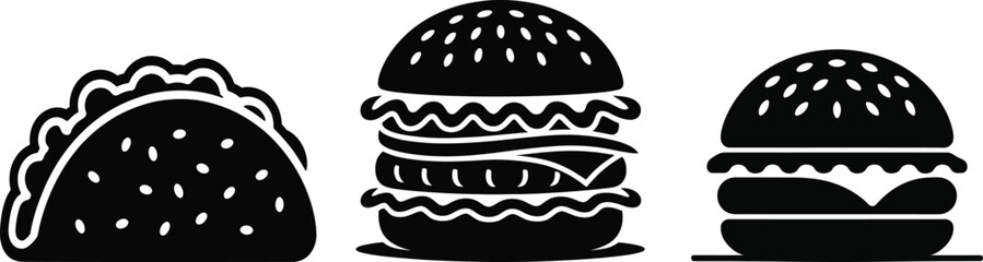 Simple black and white icons of taco, burger, and burger. eps 10 .