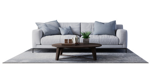 White modern sofa with table and rug isolated PNG 3d rendering