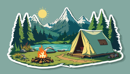 Scenic camping illustration featuring a tent, campfire, and mountains by a serene lake under a sunny sky  
