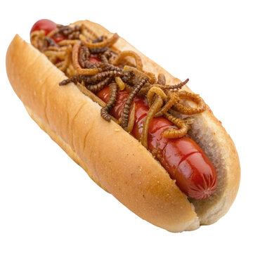 Classic hot dog topped with worms on white background in isolated view