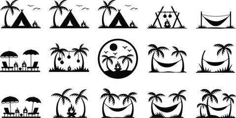 Collection of Simple Black and White Summer Camping and Beach Icons eps 10 .