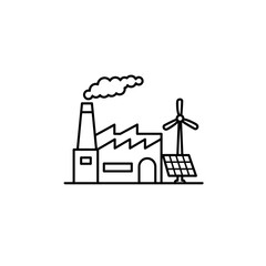 Industrial factory with smokestack, solar panels, and wind turbine  
