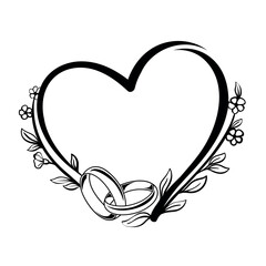 Wedding marriage rings in floral flowers heart frame, monochrome illustration, line art. Black and white	