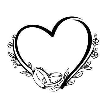 Wedding marriage rings in floral flowers heart frame, monochrome illustration, line art. Black and white	