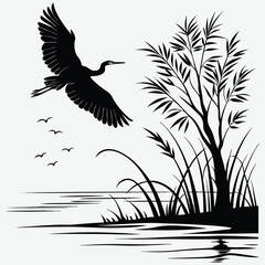 A bird in flight over a calm lake silhouette image vector art and illustration	