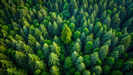 Aerial view of a dense forest with the tallest tree standing out