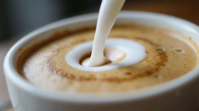 Cream poured into coffee cup creating circular pattern on surface  