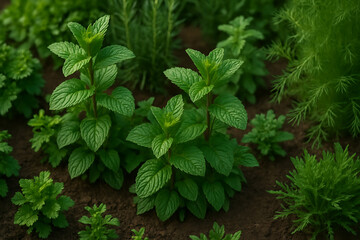 Fresh Green Mint Plants Growing in a Herb Garden