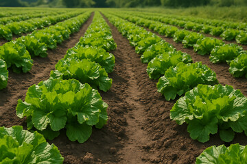 Rows of Fresh Green Lettuce Growing in a Field