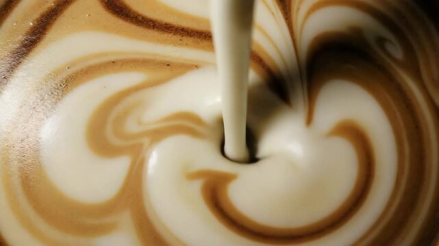 Cream being poured into coffee creating marbled patterns