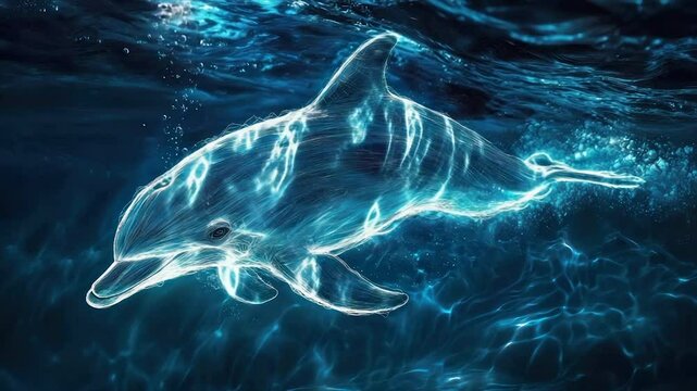 Glowing dolphin swims underwater, ethereal blue light