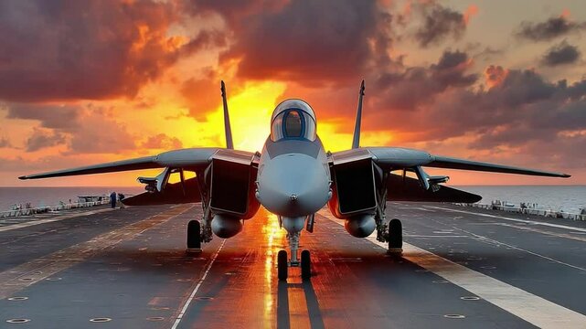 Airpower Ascendant: An F-14 Tomcat jet aircraft prepares for launch from an aircraft carrier during a vibrant sunset, embodying speed, strength, and the prowess of modern aviation.