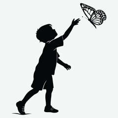A child reaching out to touch a butterfly silhouette image vector art and illustration	