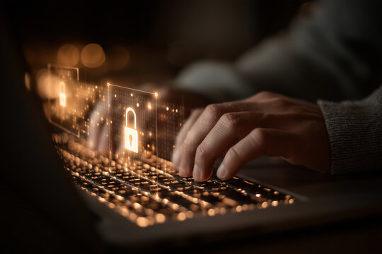 person using laptop with cybersecurity and data protection holograms above keyboard 