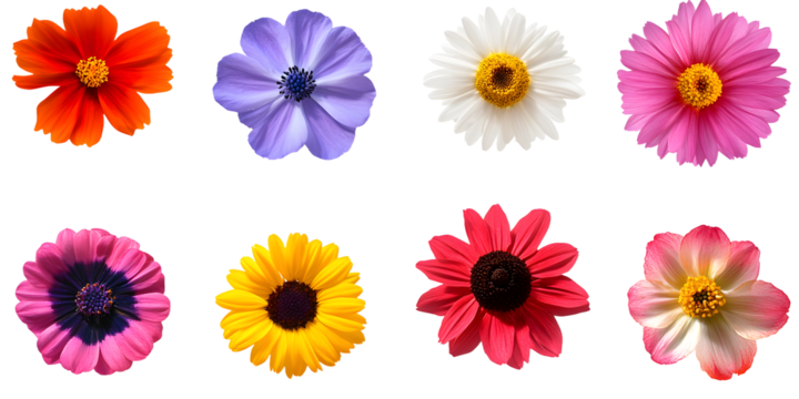 Collection of single fresh flower cutout clipping path png isolated on white or transparent background