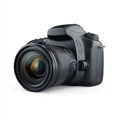 modern DSLR camera front view, product shot, white background