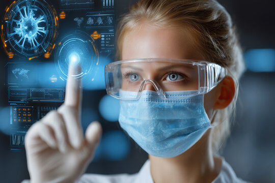 female scientist with facemask and glasses using futuristic touch-screen interface in research facility in the future 
